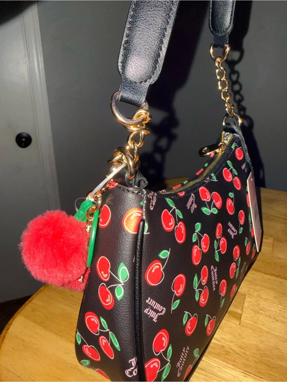 Juicy Couture Black Cherry Print Shoulder Bag with charm
